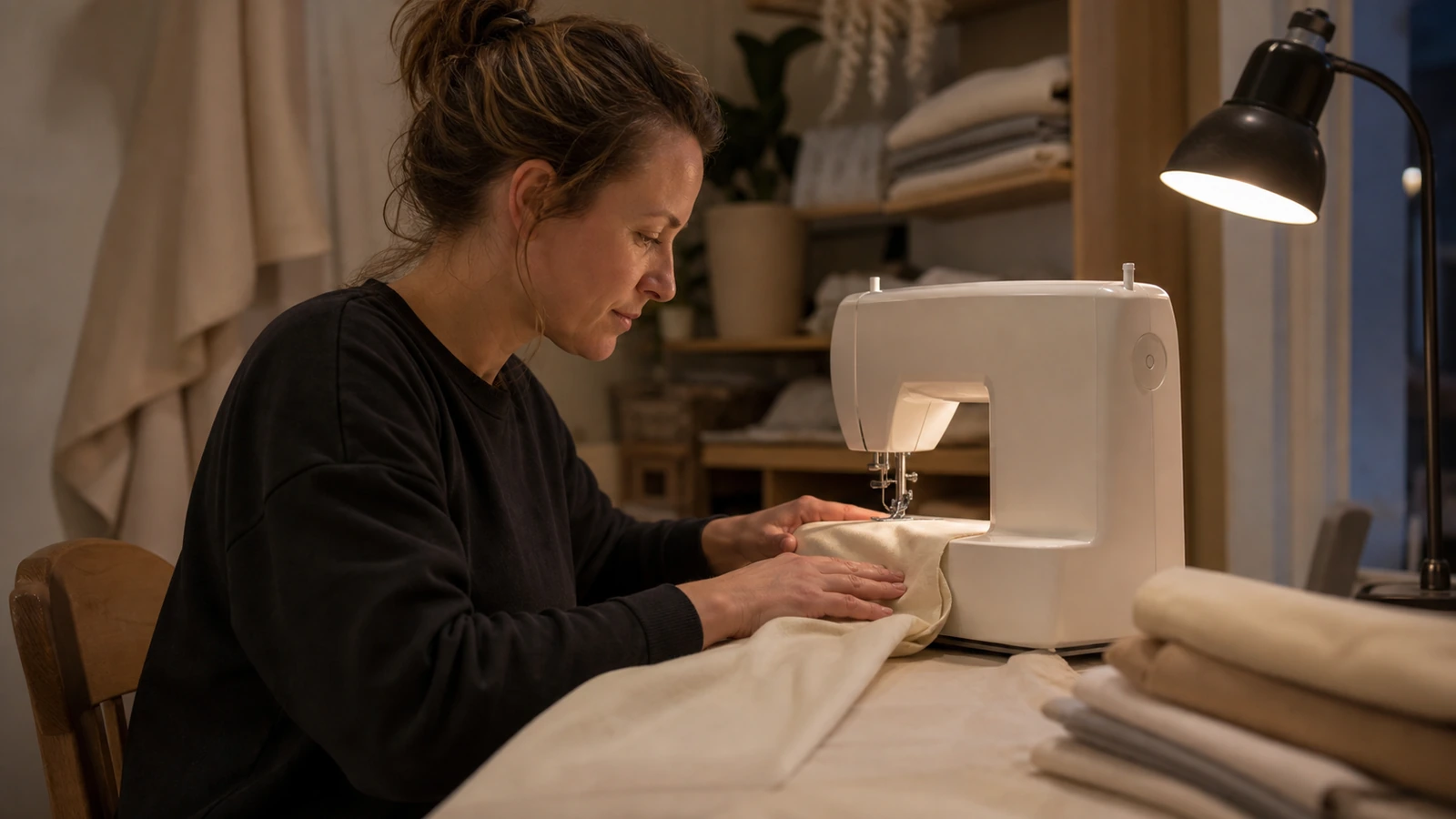 An adult learner practises sewing during a regular evening learning session