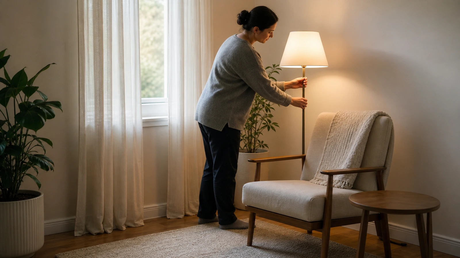 An adult learner prepares a calm study corner by adjusting a chair beside a clear table