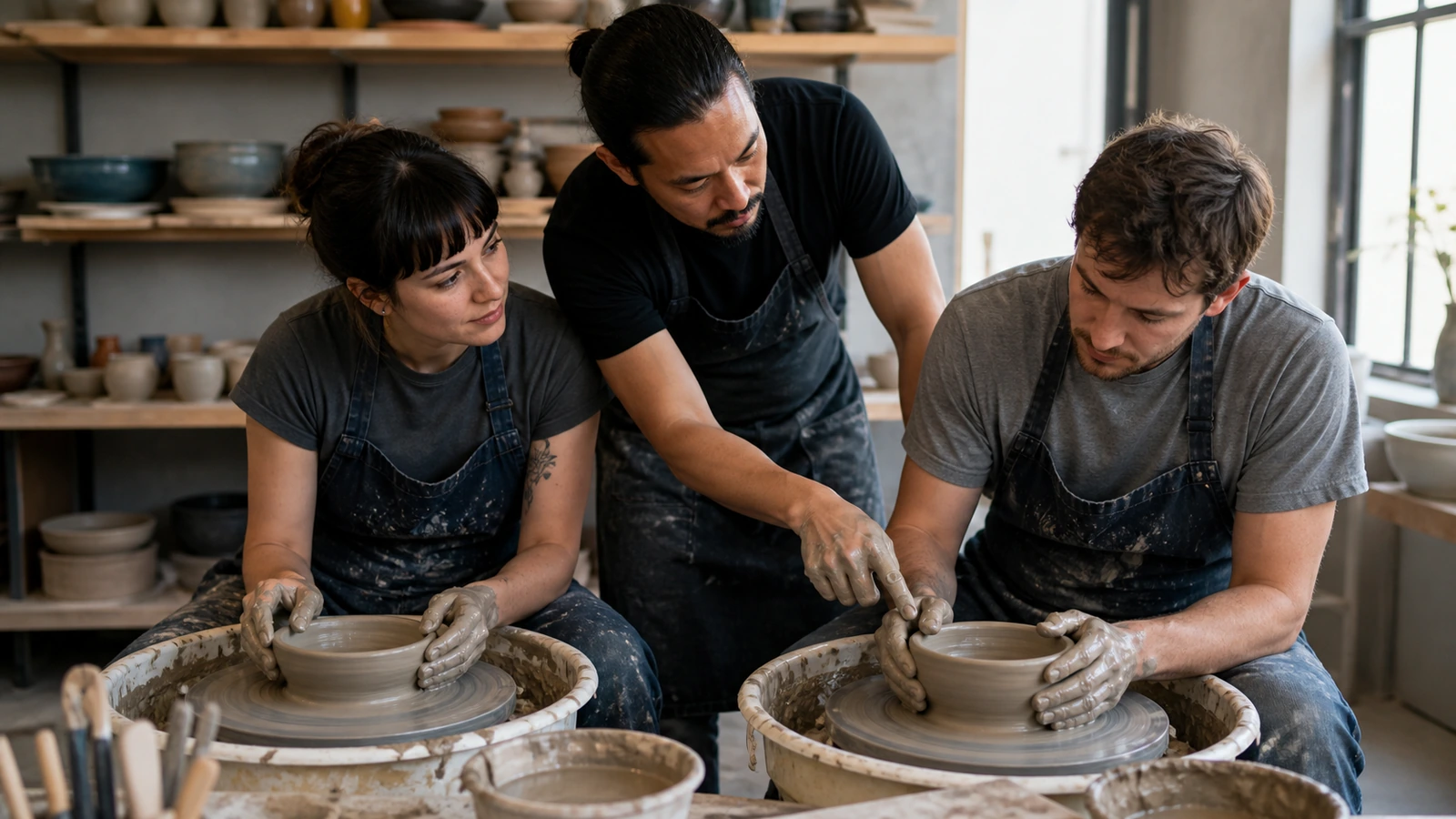 Adult learners receive hands-on feedback in a ceramics class