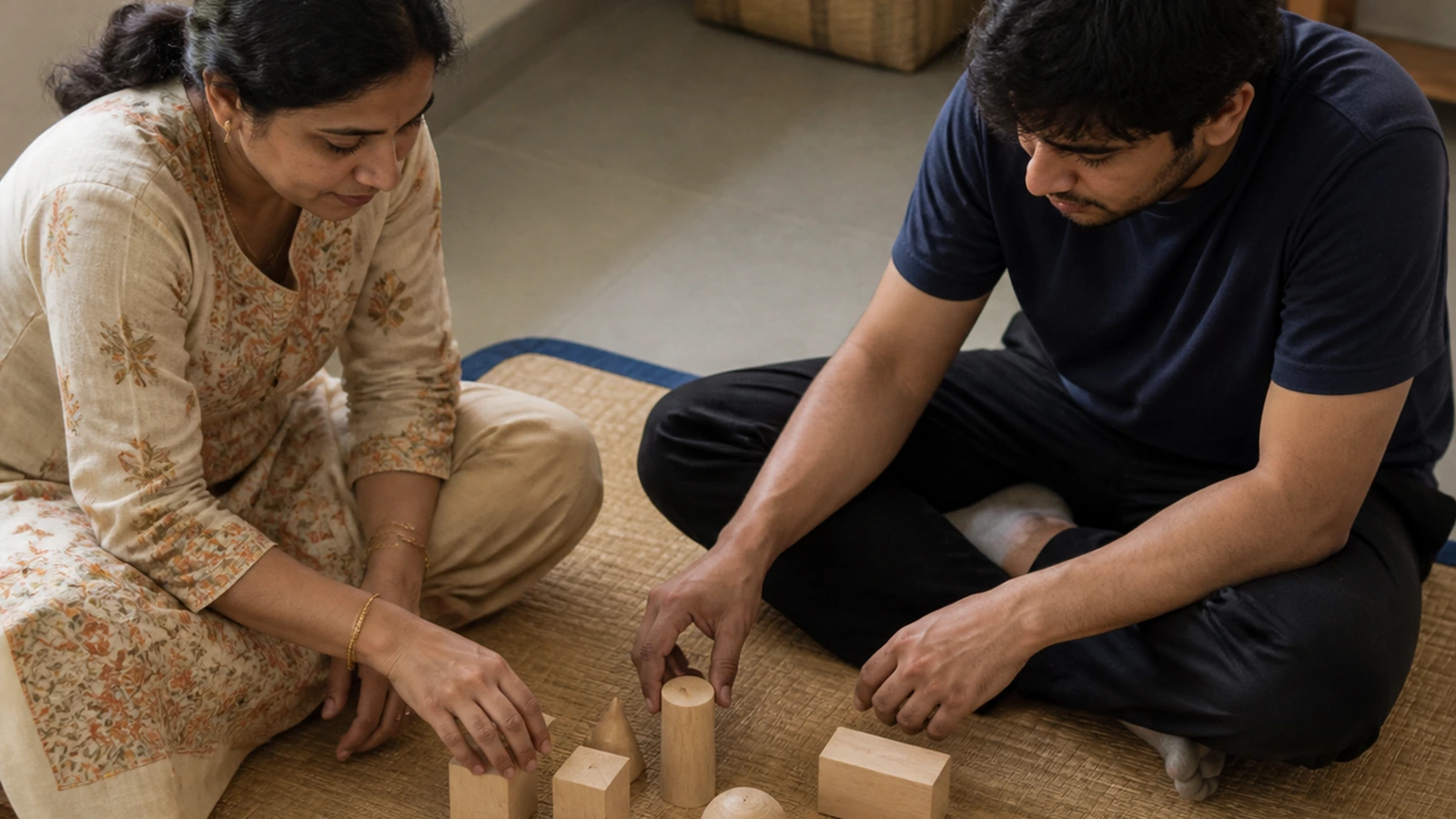 A tutor and adult learner discuss a concept using coloured learning tokens
