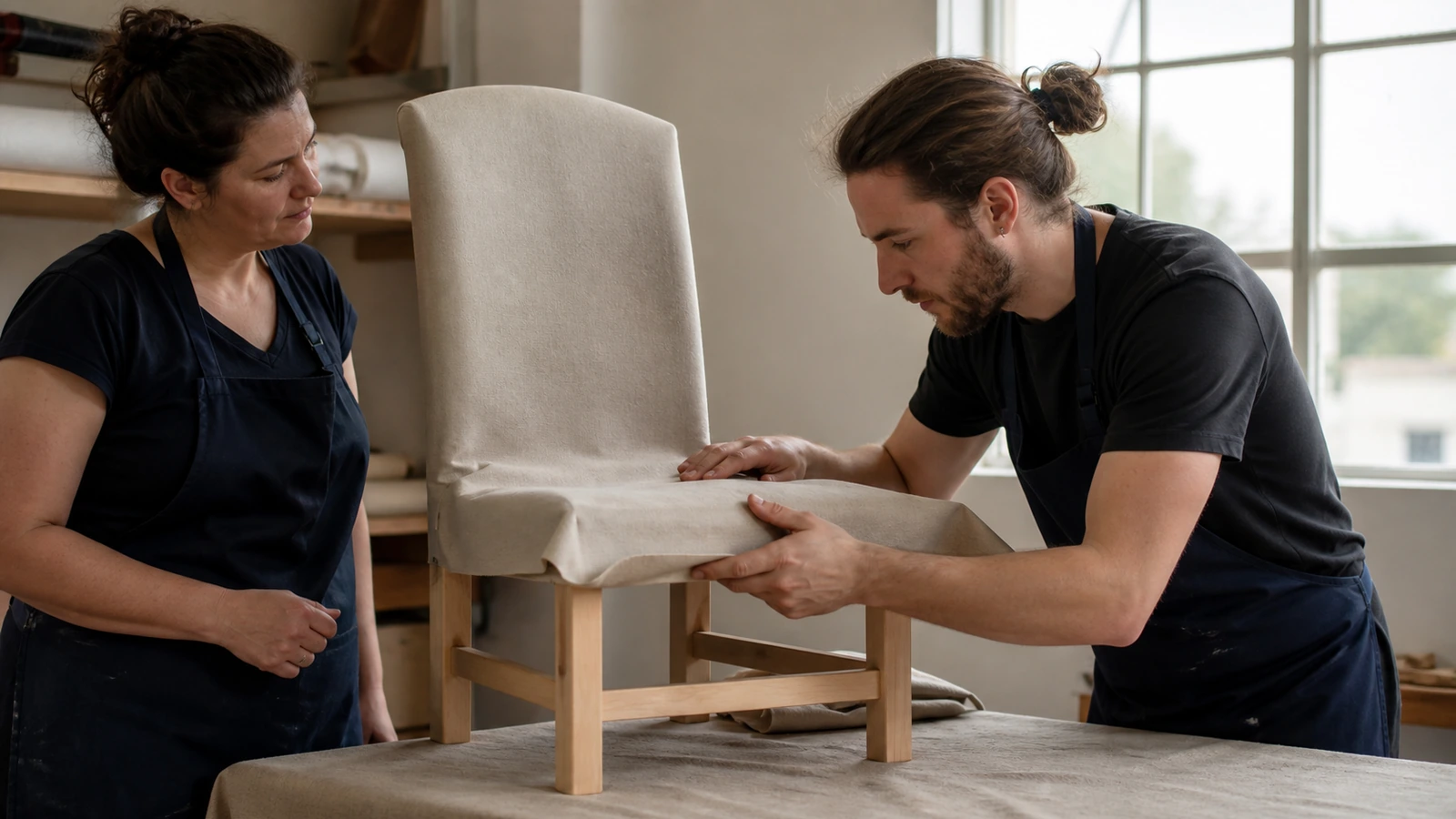A career changer inspects a handmade stool with a cabinetmaking mentor