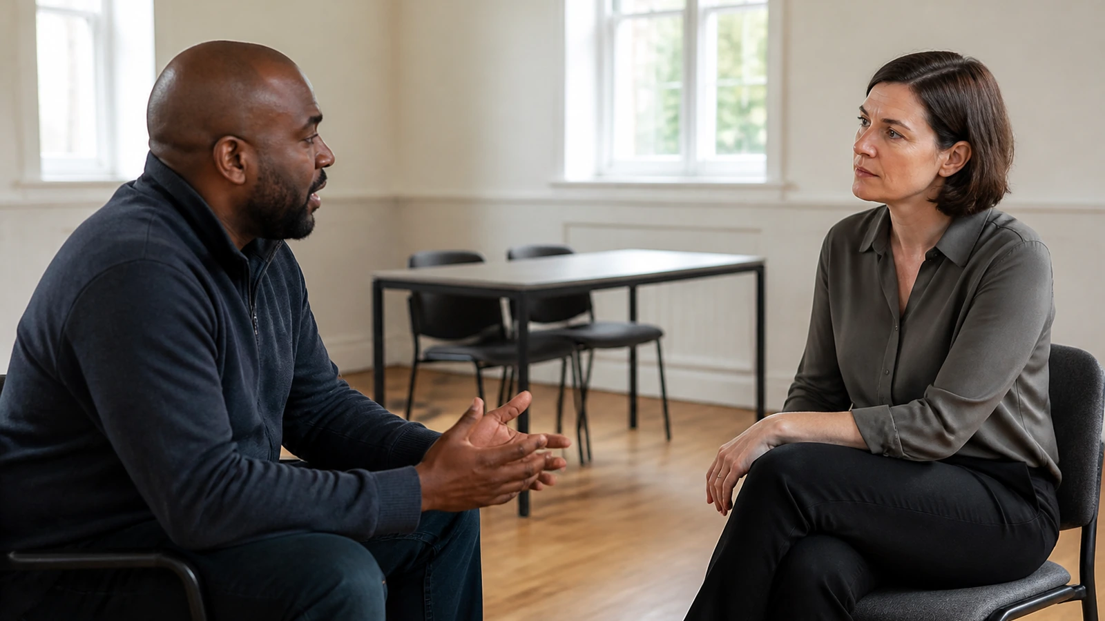 An adult job seeker rehearses a concise career story with a supportive peer